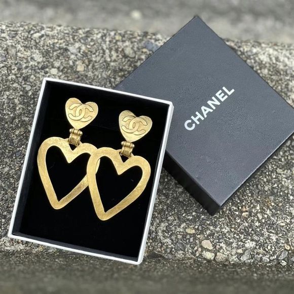 CHANEL Jewelry - Chanel Vintage Gold tone Heart CC Dangle Jumbo XL Earrings 95P